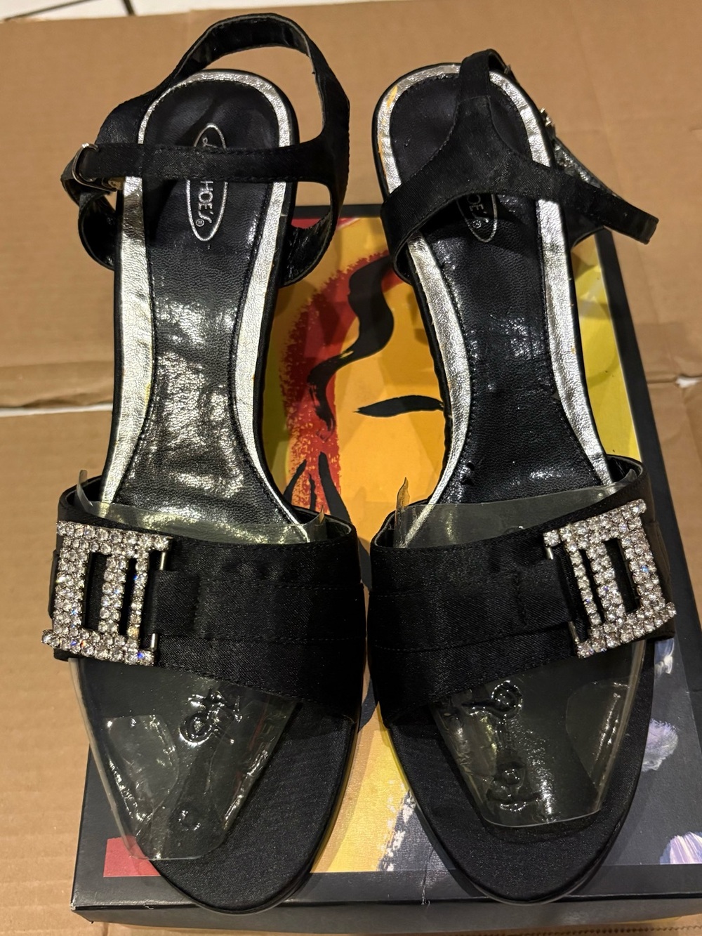 NIB Elegant Black Satin Fabric Women's Rhinestone Buckle Sandals